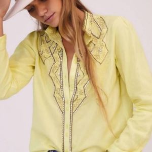 Anthropologie Pilcro Lime Green Boho/Western Rhinestones & Lace Top Sz M